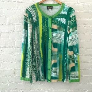 Bob Mackie Wearable Art Green Printed Button Front Cardigan Sweater Cotton Blend